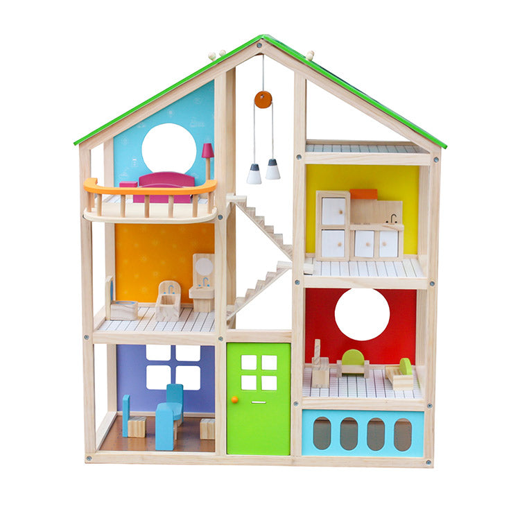 I-CIGO - Houten poppenhuis met meubelen -  open dak,73 CM Hoog -  poppen