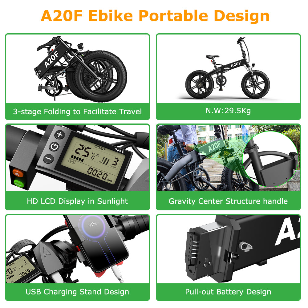 E-Fatbike - ADO A20F XE elektrische offroad vouwfiets met 20inch banden-36V10.4ah-Zwart